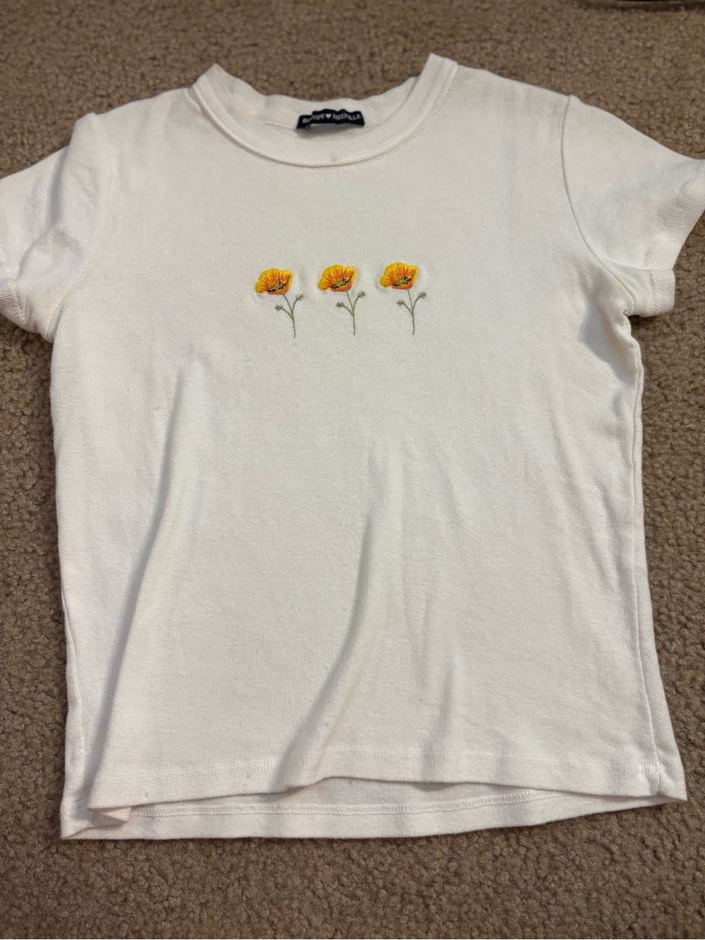 Brandy Melville White Tee with Yellow Floral Embroidery